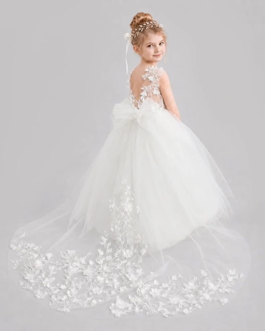 Ivory Tulle Ball Gown Flower Girl Dress Back View
