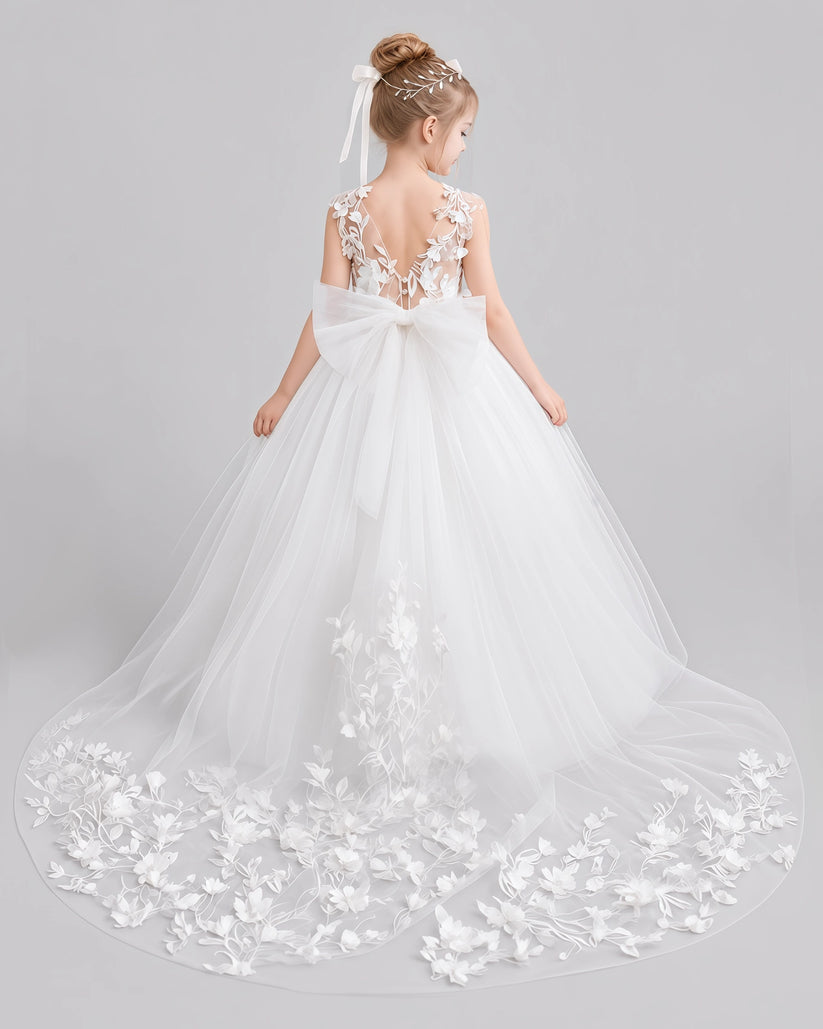 Ivory Tulle Ball Gown Flower Girl Dress Back View