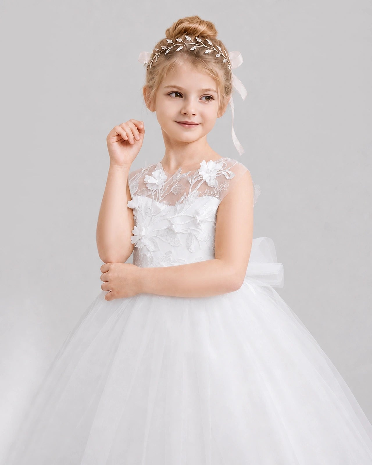 White Flower Girl Dress Backless Lace Tulle Ball Gown Front View