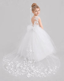 White Flower Girl Dress Backless Lace Tulle Ball Gown Side View