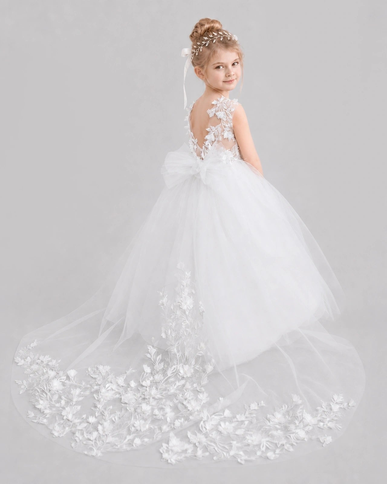 White Flower Girl Dress Backless Lace Tulle Ball Gown Side View