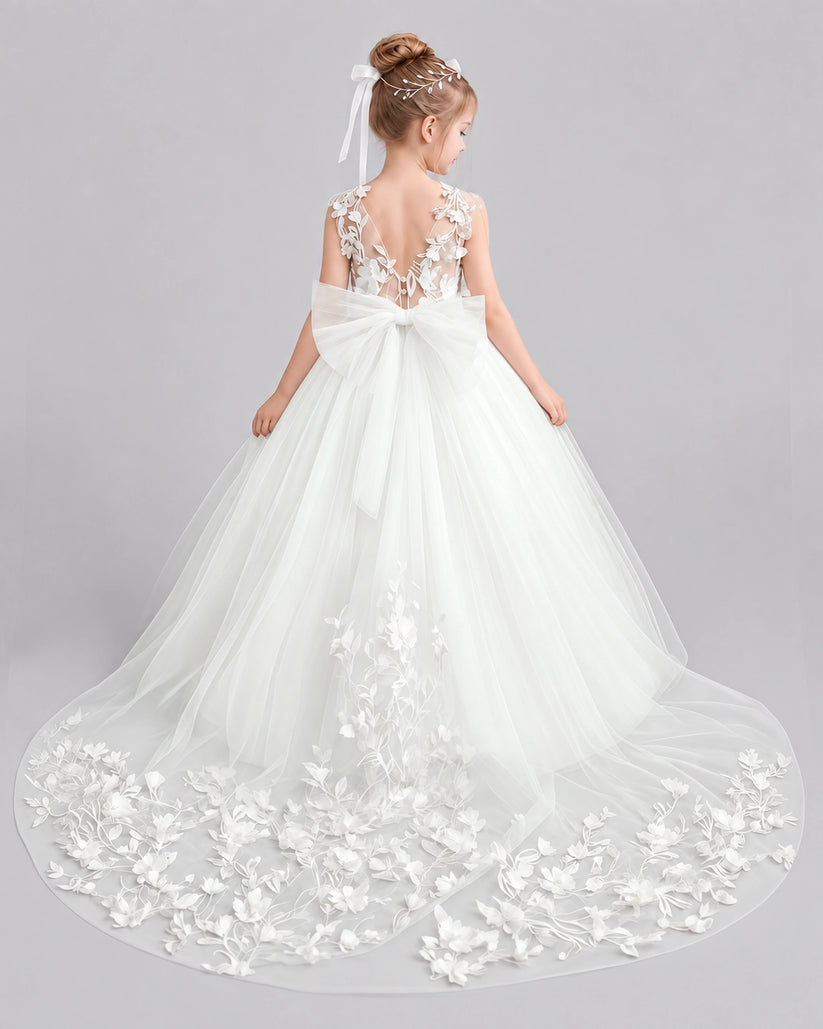 White Tulle Ball Gown Flower Girl Dress Back View