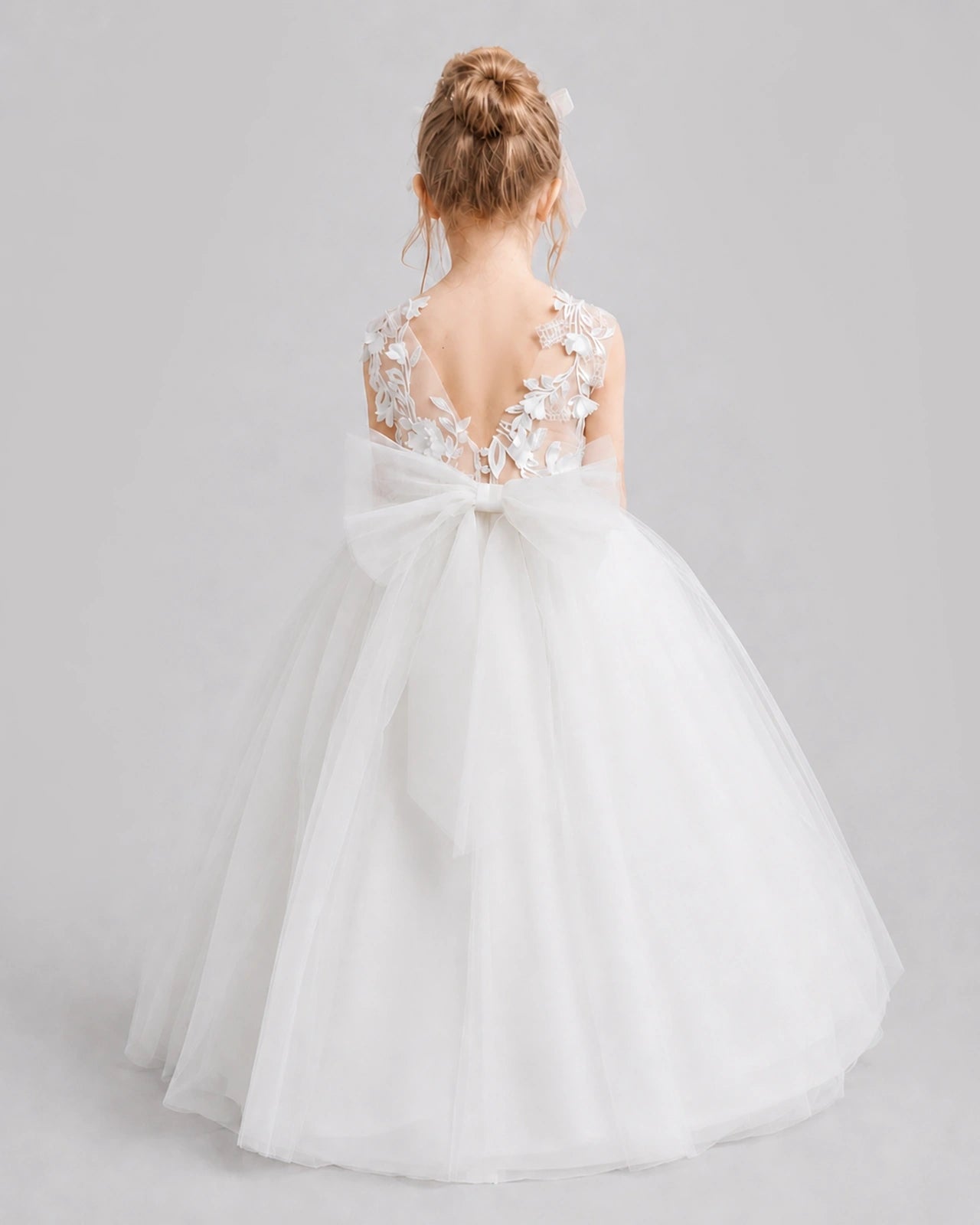 White Flower Girl Dress Backless Lace Tulle Ball Gown Back View
