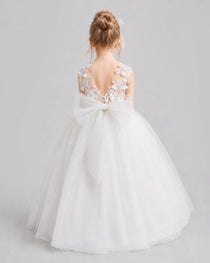 White Flower Girl Dress Backless Lace Tulle Ball Gown Back View