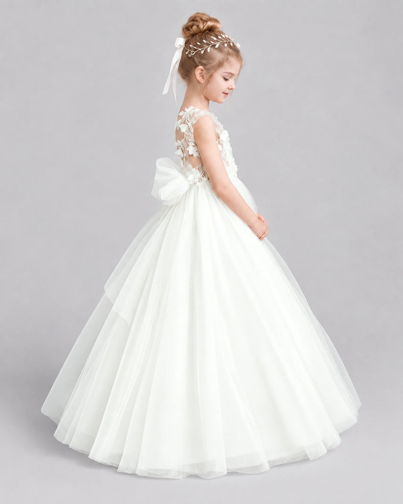 White Tulle Ball Gown Flower Girl Dress Back View