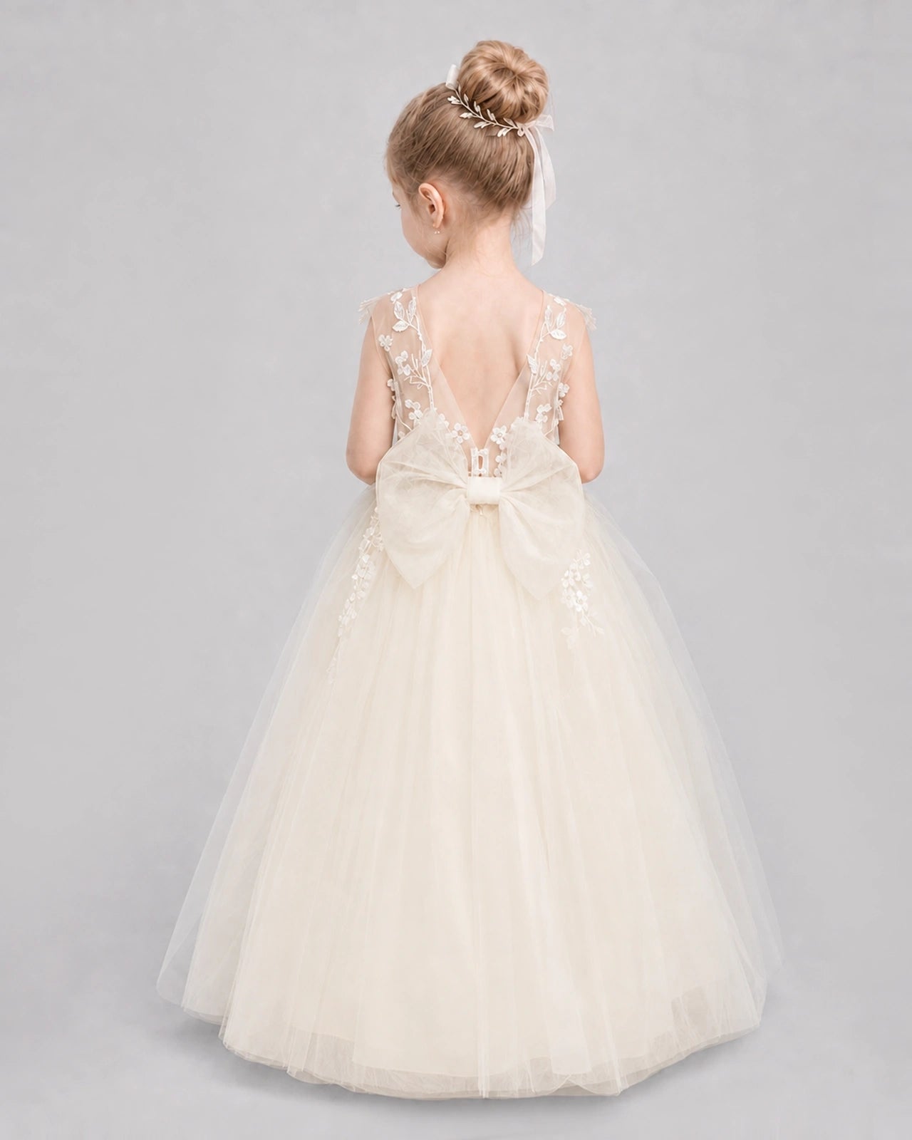 Champagne Flower Girl Dresses Illusion Neck Bow Back Tulle Floor-Length Gown Back View