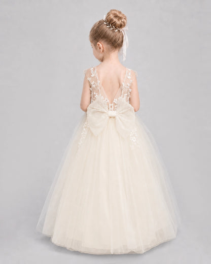 Champagne Flower Girl Dresses Illusion Neck Bow Back Tulle Floor-Length Gown Back View