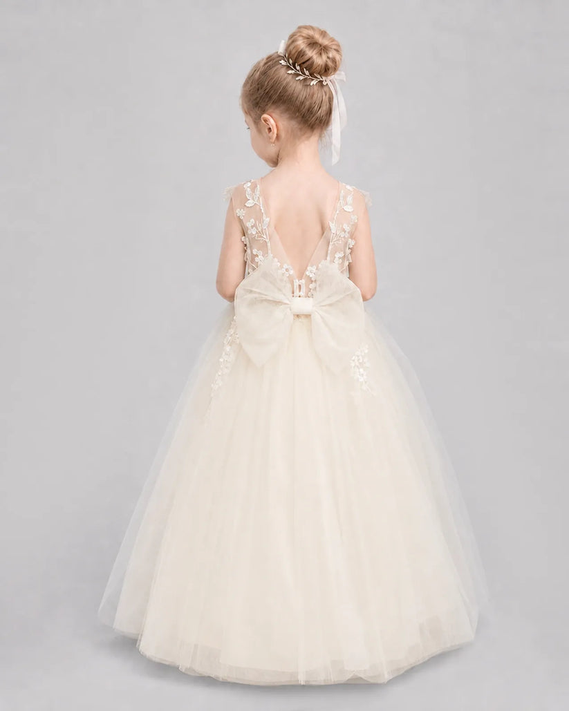 Champagne Tulle A-line Flower Girl Dress Back View