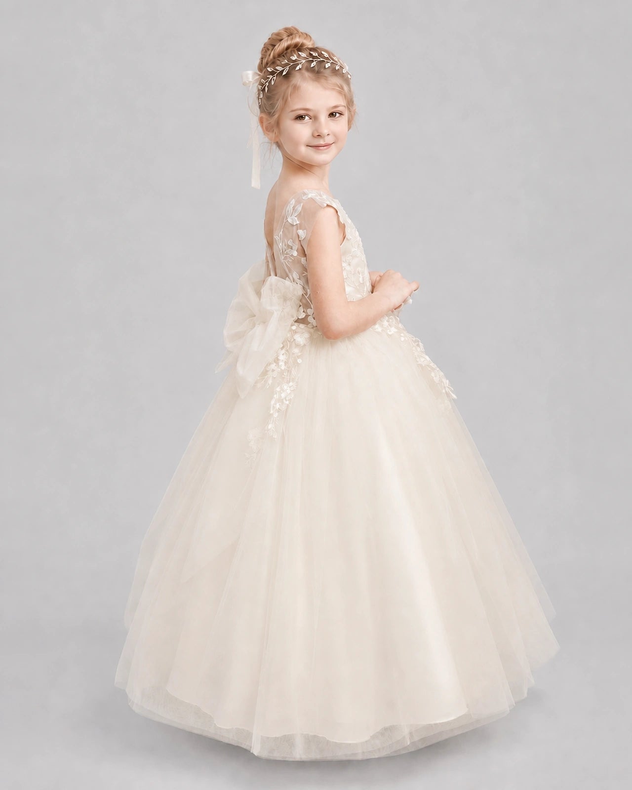Champagne Flower Girl Dresses Illusion Neck Bow Back Tulle Floor-Length Gown Side View