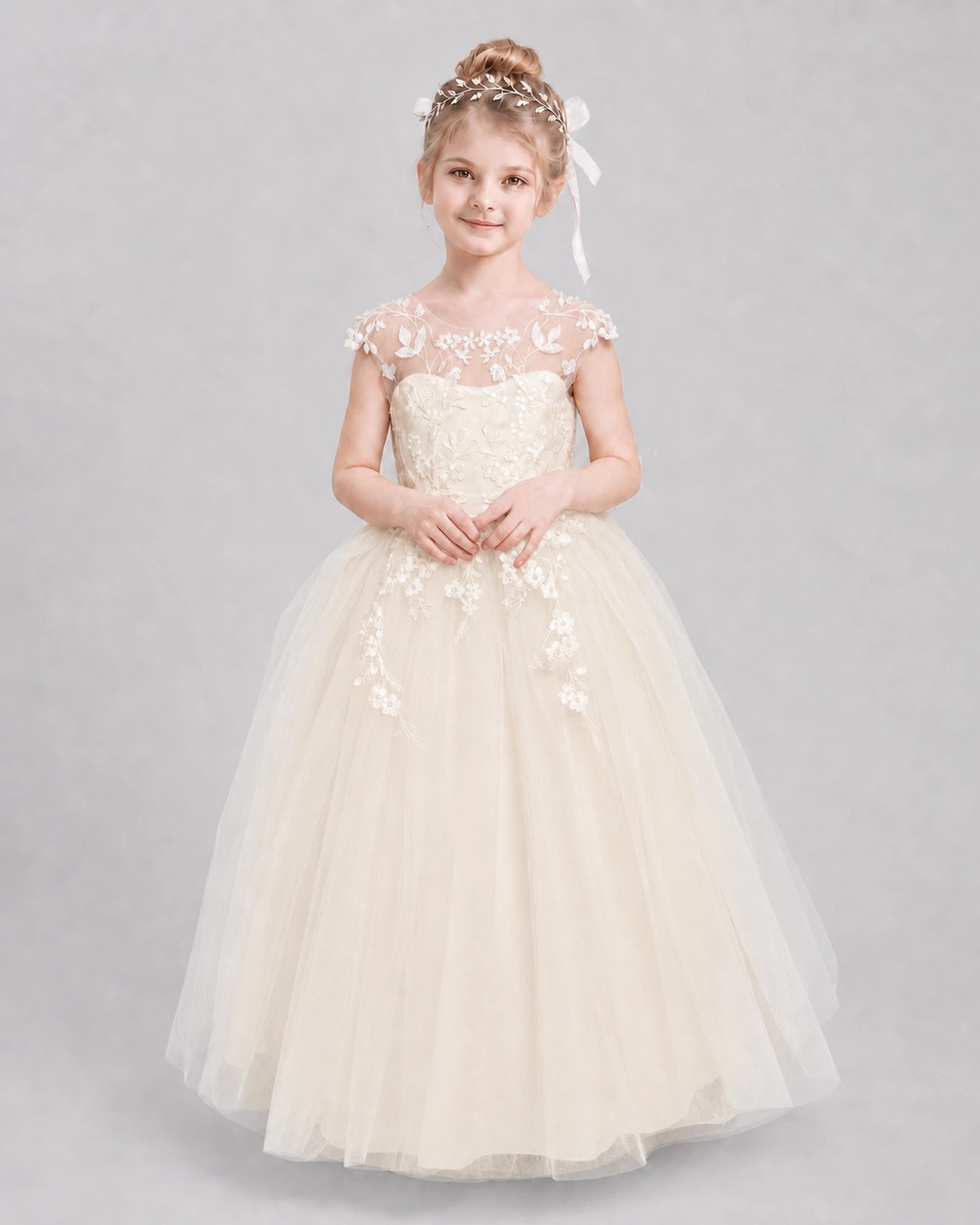 Champagne Flower Girl Dresses Illusion Neck Bow Back Tulle Floor-Length Gown Front View