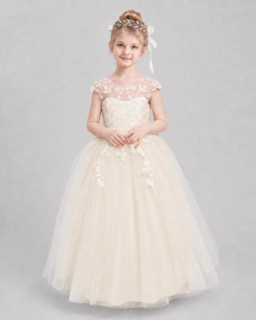 Champagne Tulle Ball Gown Flower Girl Dress Front View