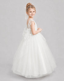 Ivory Flower Girl Dresses Illusion Neck Bow Back Tulle Floor-Length Gown Side View