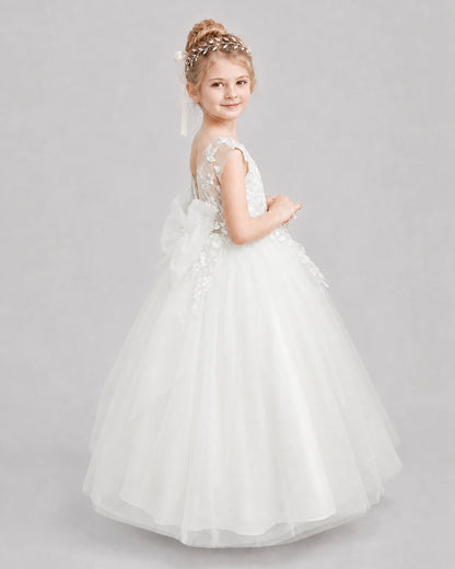 Ivory Flower Girl Dresses Illusion Neck Bow Back Tulle Floor-Length Gown Side View
