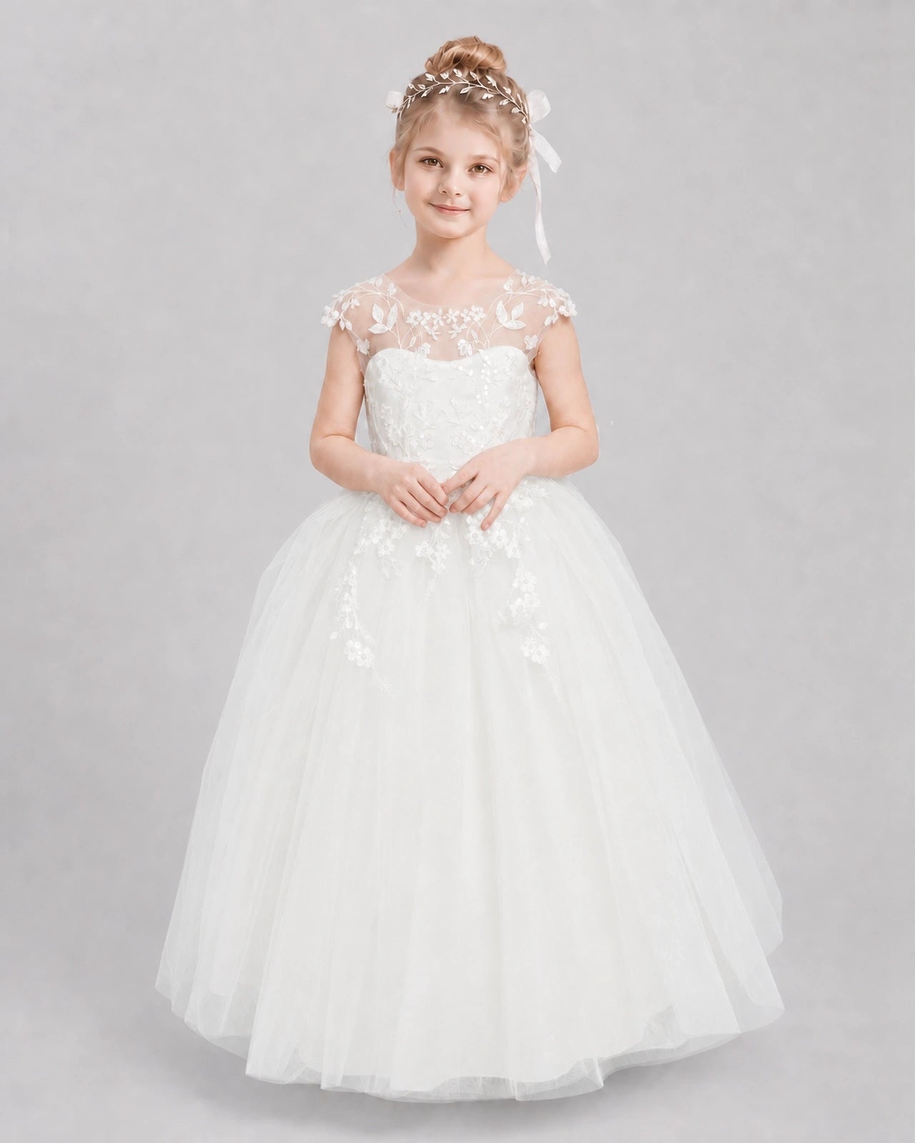 Ivory Flower Girl Dresses Illusion Neck Bow Back Tulle Floor-Length Gown Front View
