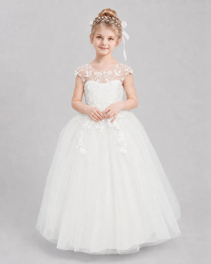 Ivory Tulle A-line Flower Girl Dress Front View