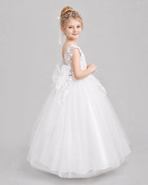 White Flower Girl Dresses Illusion Neck Bow Back Tulle Floor-Length Gown Side View