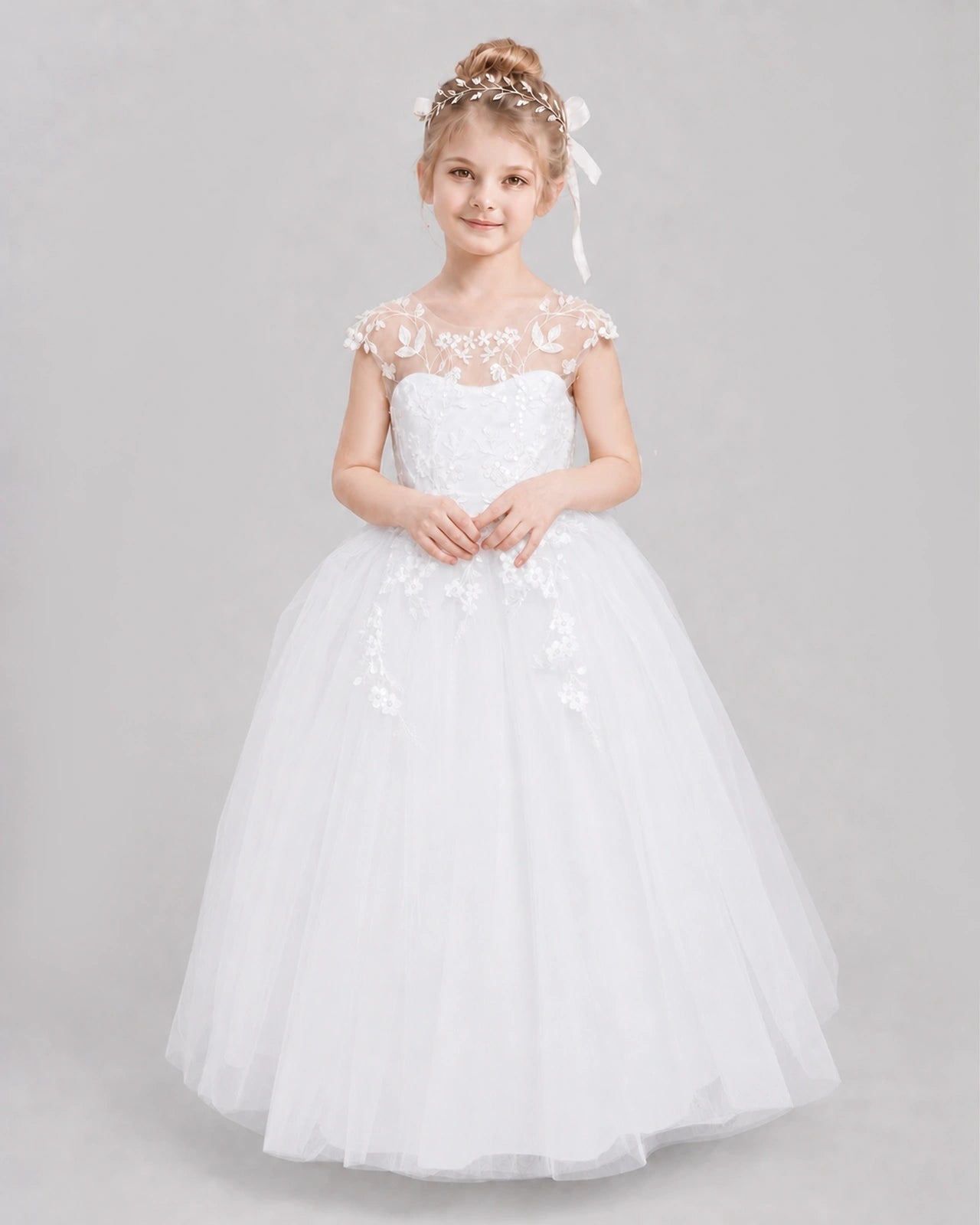 White Flower Girl Dresses Illusion Neck Bow Back Tulle Floor-Length Gown Front View