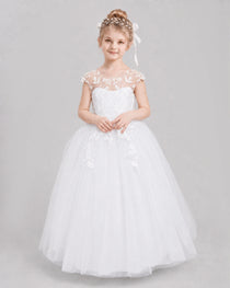 White Flower Girl Dresses Illusion Neck Bow Back Tulle Floor-Length Gown Front View