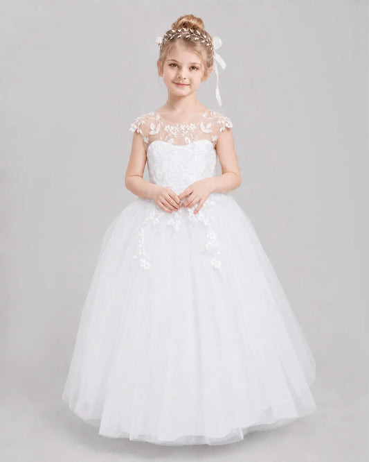 White Tulle A-line Flower Girl Dress Front View