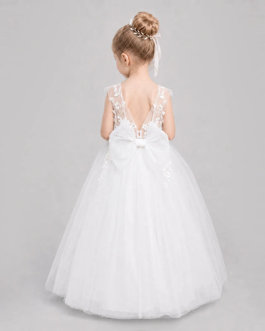 White Tulle A-line Flower Girl Dress Back View