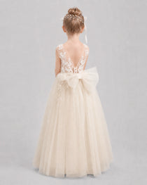 Champagne Flower Girl Dresses Deep V-Back Lace Bow Tulle Floor-Length Gown Back View