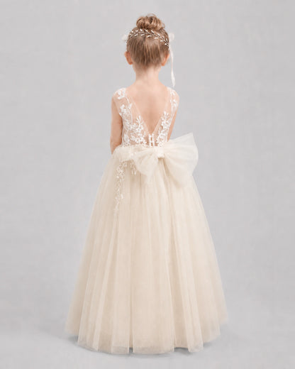 Champagne Flower Girl Dresses Deep V-Back Lace Bow Tulle Floor-Length Gown Back View
