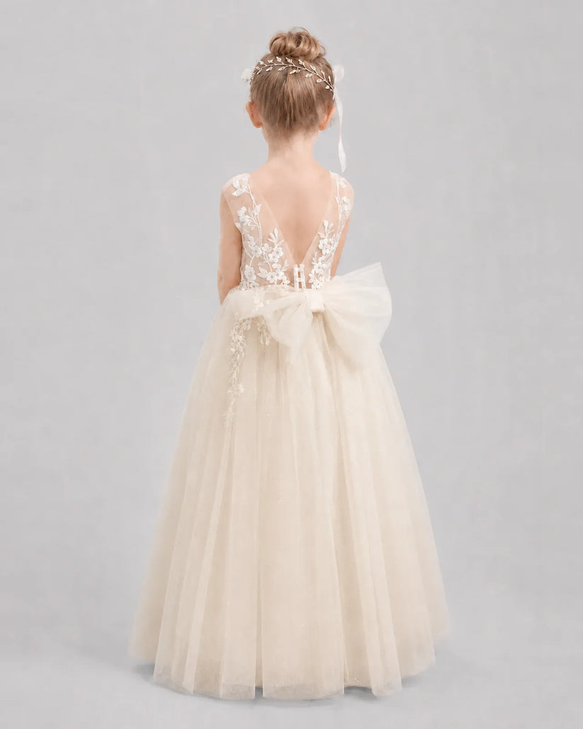 Champagne Tulle A-line Flower Girl Dress Back View