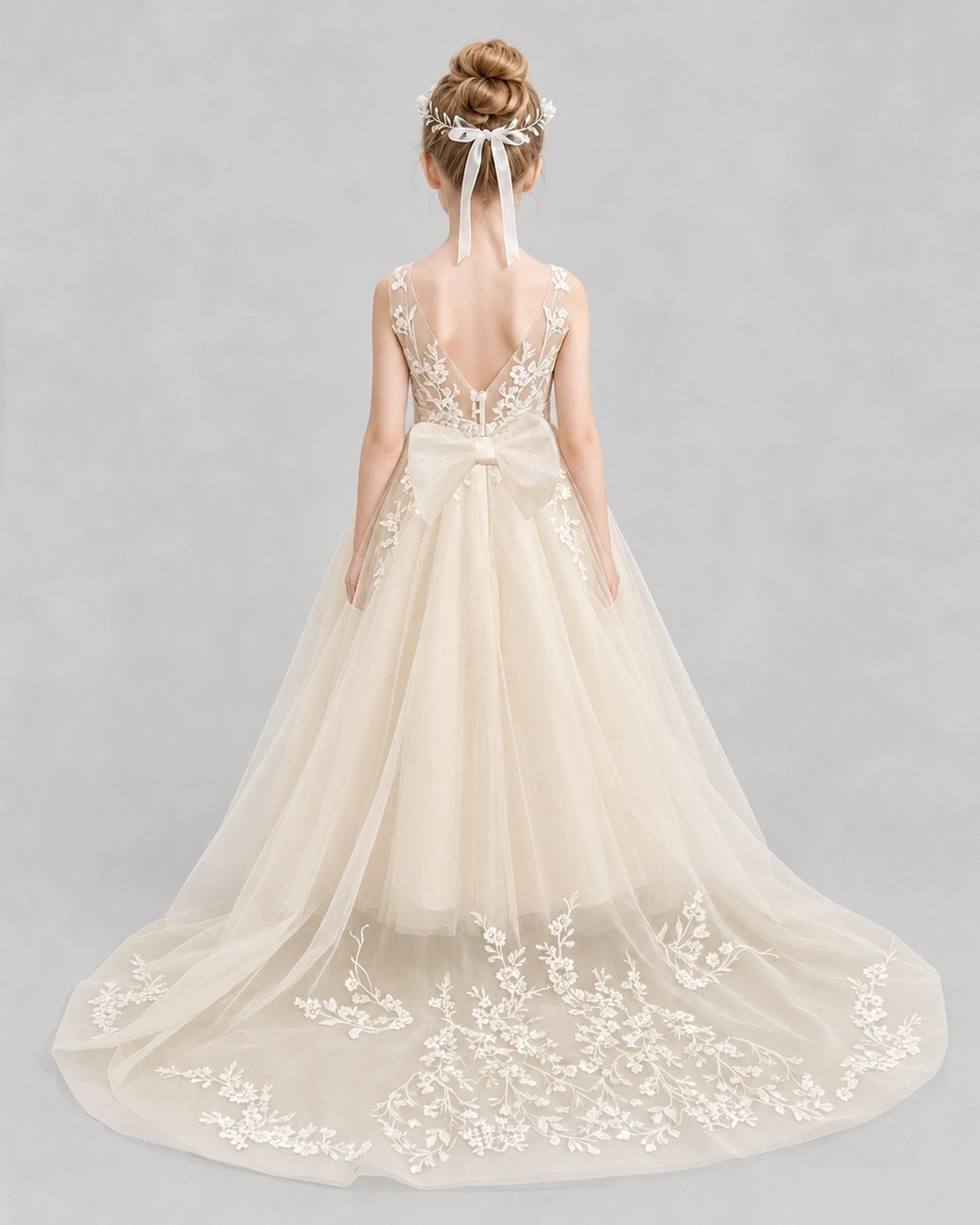 Champagne Flower Girl Dresses Deep V-Back Lace Bow Tulle Floor-Length Gown Back View