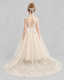 Champagne Flower Girl Dresses Deep V-Back Lace Bow Tulle Floor-Length Gown Back View