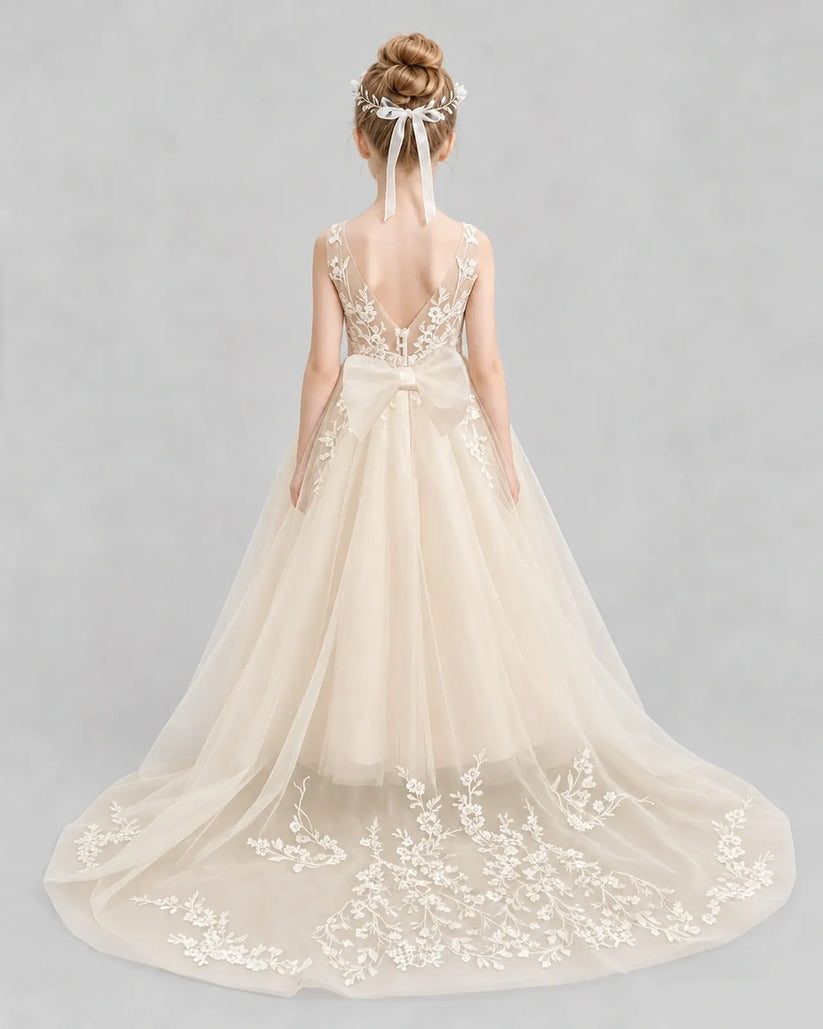 Champagne Tulle A-line Flower Girl Dress Back View