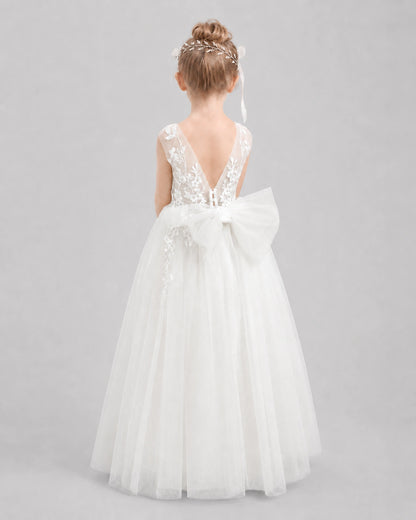 Ivory Flower Girl Dresses Deep V-Back Lace Bow Tulle Floor-Length Gown Back View