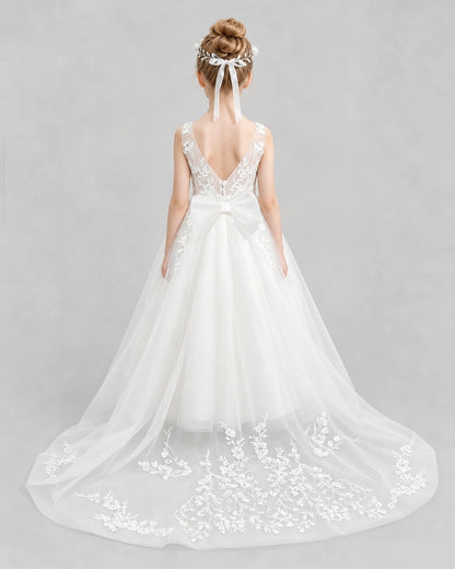 Ivory Flower Girl Dresses Deep V-Back Lace Bow Tulle Floor-Length Gown Back View