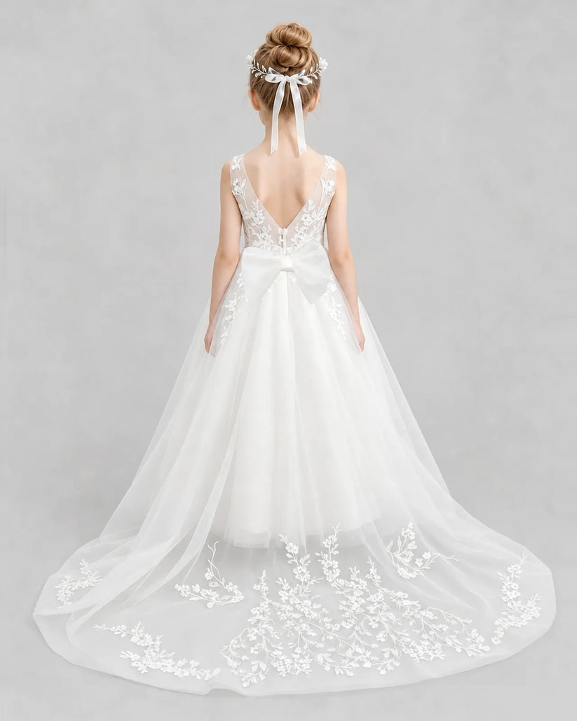 Ivory Tulle A-line Flower Girl Dress Back View