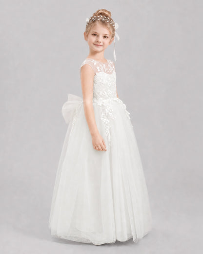 Ivory Flower Girl Dresses Deep V-Back Lace Bow Tulle Floor-Length Gown Side View