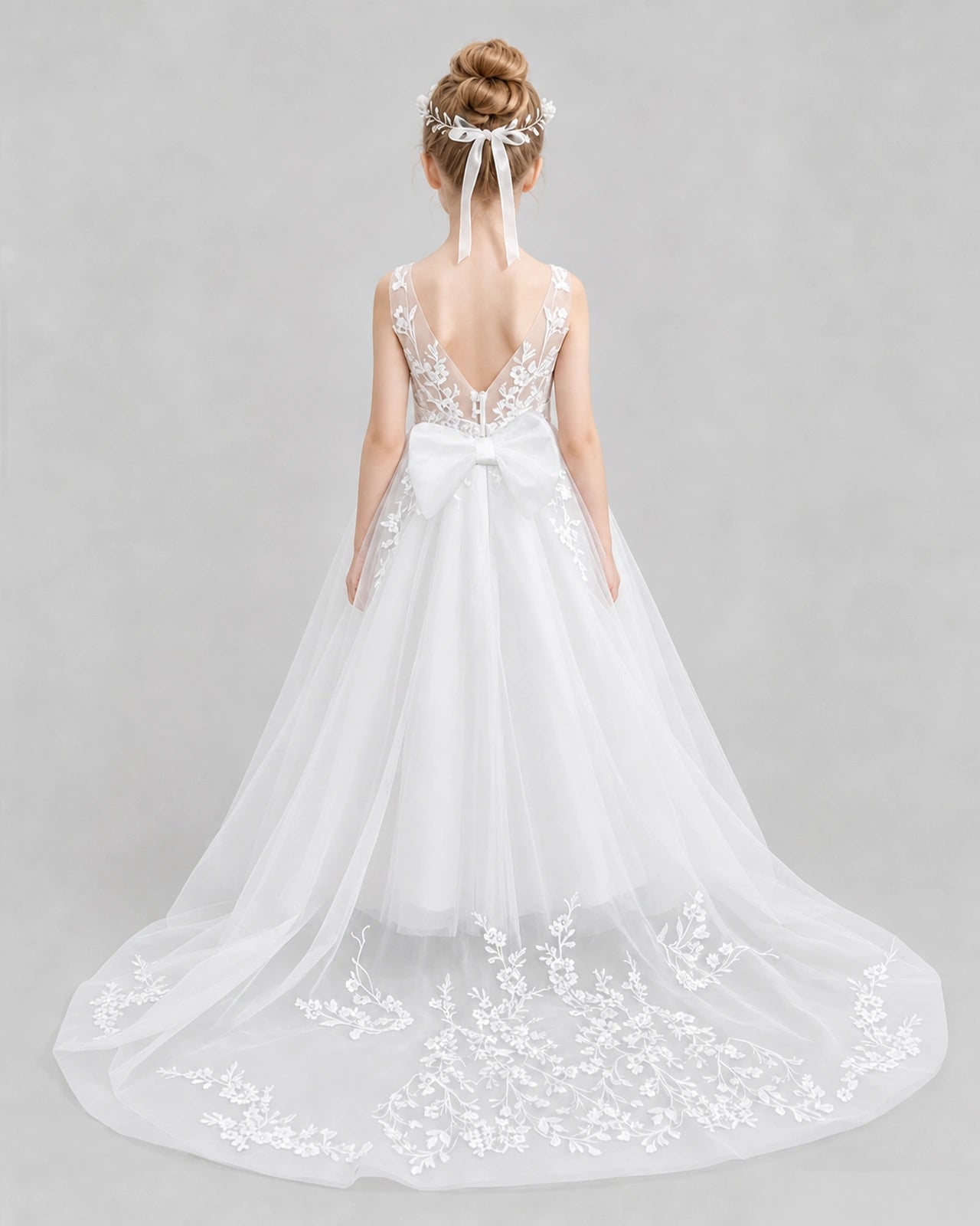 White Flower Girl Dresses Deep V-Back Lace Bow Tulle Floor-Length Gown Back View