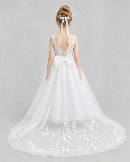 White Tulle A-line Flower Girl Dress Back View
