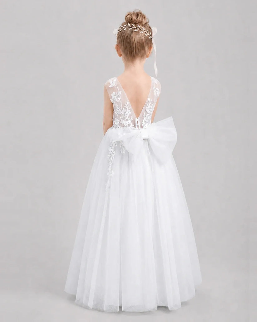 White Tulle A-line Flower Girl Dress Back View