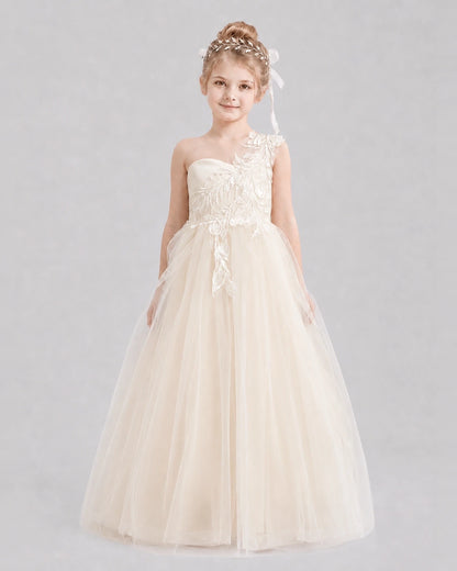 Dideyttawl Tulle One Shoulder Flower Girl Dress with Train