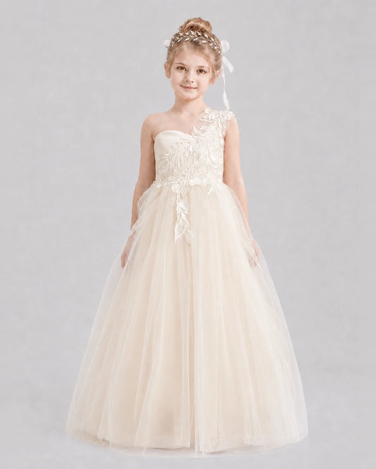 Dideyttawl Tulle One Shoulder Flower Girl Dress with Train
