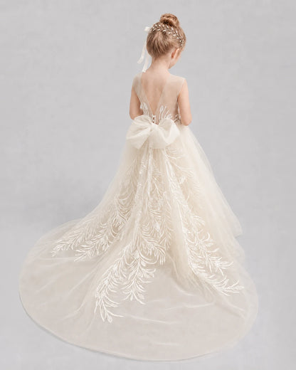 Dideyttawl Tulle One Shoulder Flower Girl Dress with Train