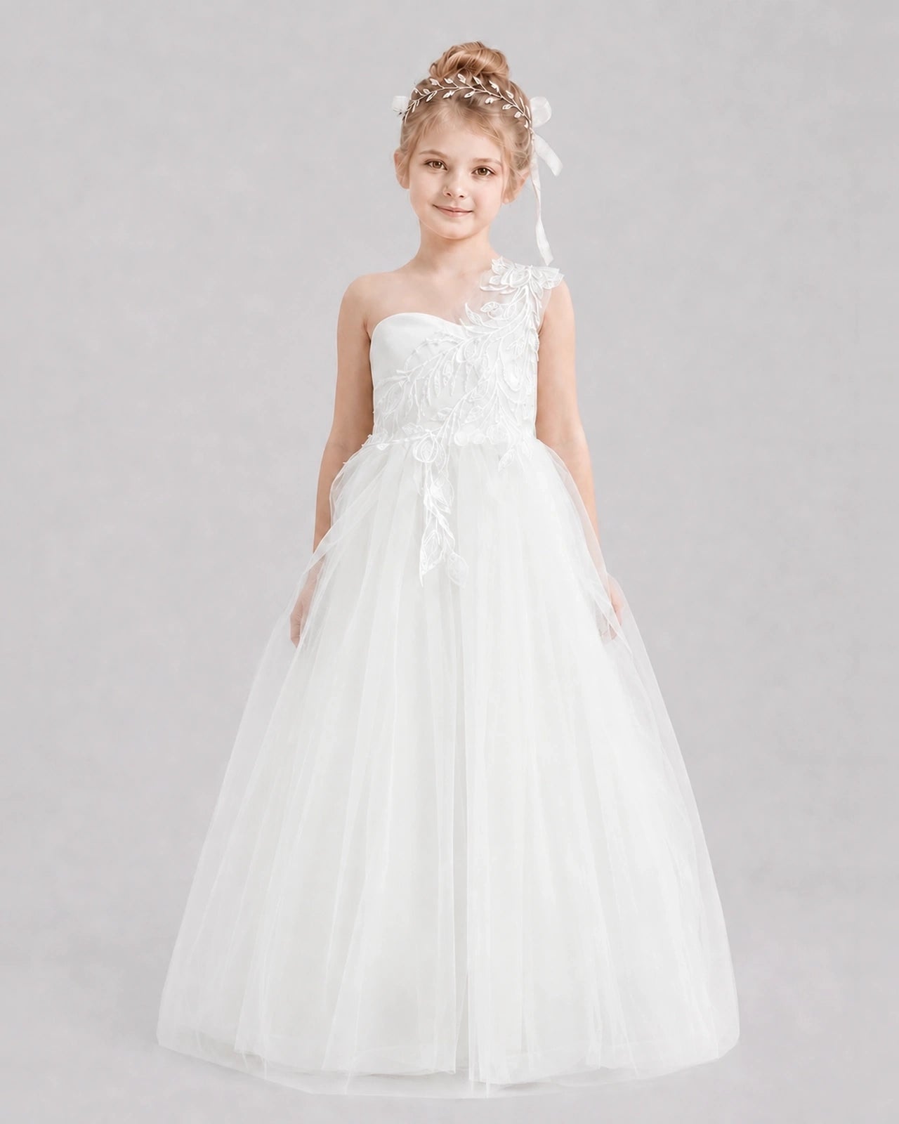 Dideyttawl Tulle One Shoulder Flower Girl Dress with Train