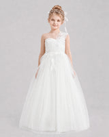 Ivory tulle one-shoulder flower girl dress Front View