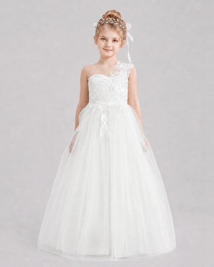 Dideyttawl Tulle One Shoulder Flower Girl Dress with Train