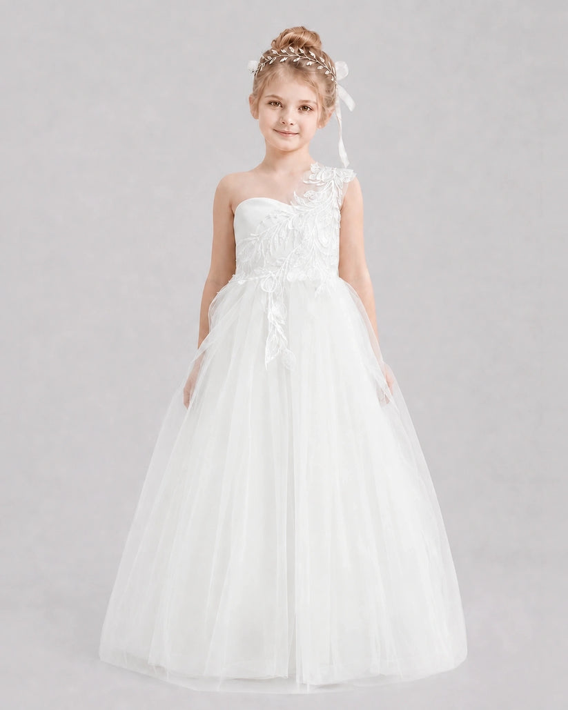 Ivory tulle one-shoulder flower girl dress Front View