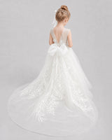 Ivory Tulle V-Back Bow Train Flower Girl Dress Back View