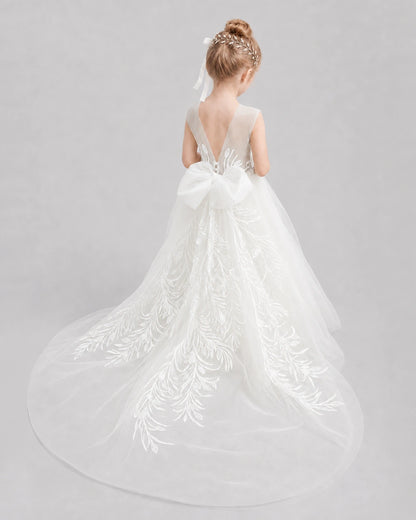 Dideyttawl Tulle One Shoulder Flower Girl Dress with Train