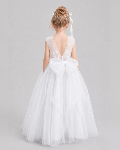 Dideyttawl Tulle One Shoulder Flower Girl Dress with Train