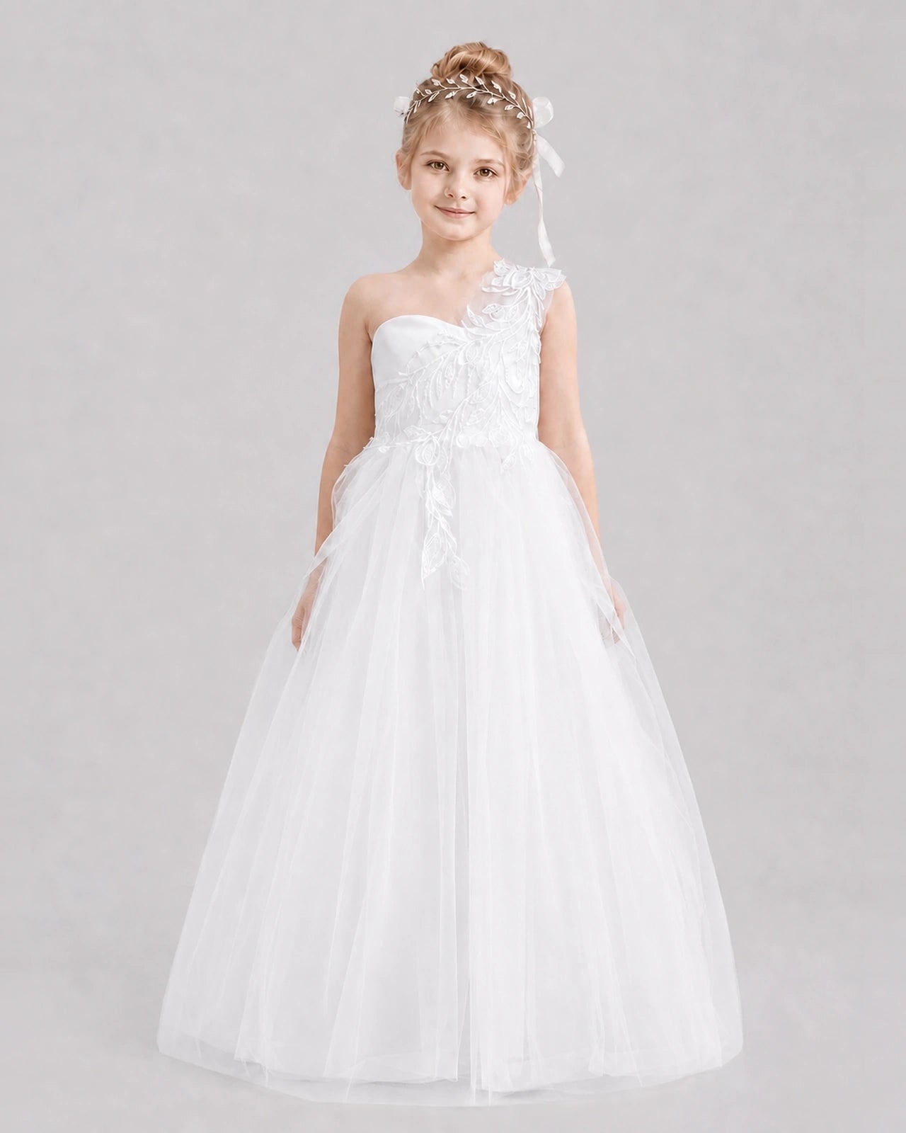 Dideyttawl Tulle One Shoulder Flower Girl Dress with Train