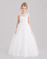 White Tulle One-Shoulder Flower Girl Dress Front View