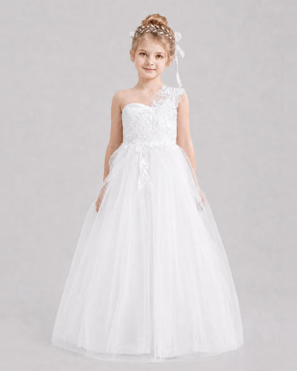 Dideyttawl Tulle One Shoulder Flower Girl Dress with Train